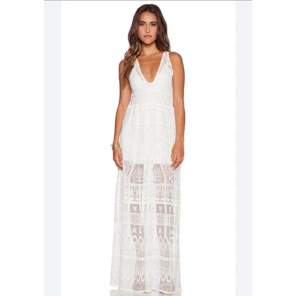 Jen’s Pirate Booty white lace Ile De France maxi dress XS wedding bride a19